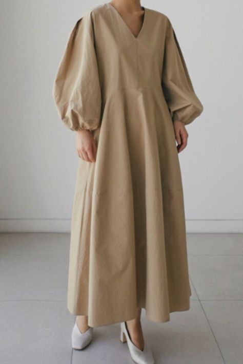 Casual Simplicity Solid V Neck A Line Dresses - Khaki / S Stylish Wedding Dresses, Loose Dresses, Lantern Sleeve Dress, Wedding Dresses For Sale, Style Savvy, Chic Casual, Summer Dress Outfits, Khaki Dress, Loose Outfit