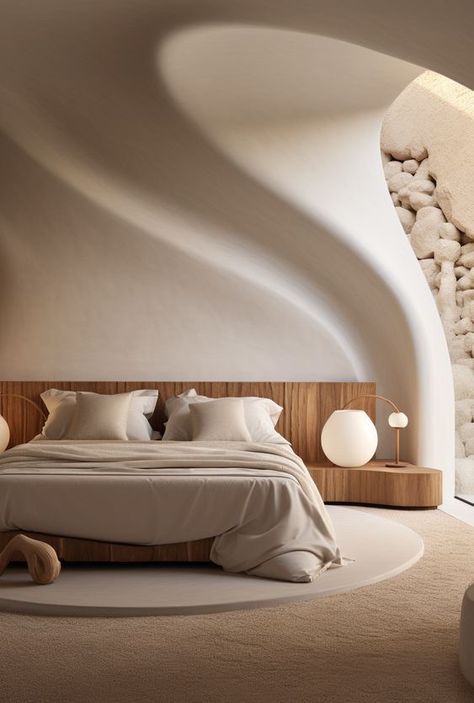 Futuristic Bedroom, Curved Bed, Cozy Minimalist, Neoclassical Interior, Neutral Bedding, Hotel Room Design, Interior Design Consultation, Futuristic Interior, Curved Walls