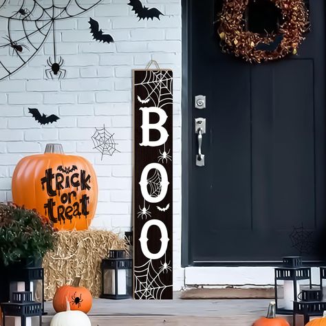 PRICES MAY VARY. HIGH QUALITY HALLOWEEN SIGN: Boo porch welcome sign is made of high quality wood. Sanded and stained planks with a black woodgrain finish will add a colorful and cheerful seasonal touch to your home and garden. LARGE SIZE HOLIDAY WOODEN HANGING SIGN: It measures approximately 47.2" x 7.8" x 0.8" and is specially designed for home porch decoration use. Each piece of these wooden signs measures 15.7 x 7.8 inches and measures 47.2 inches tall when assembled. You need to assemble th Outside Halloween Decorations, Scary Halloween Decorations Outdoor, Halloween Porch Sign, Scary Halloween Decorations Diy, Boo Sign, Halloween Front Porch Decor, Halloween Door Hangers, Porch Welcome Sign, Halloween Porch Decorations