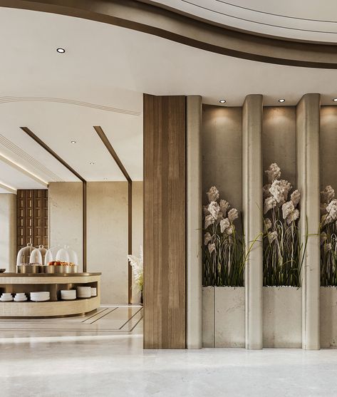 Modern Islamic Hotel Lobby Luxury Lobby Design, Entrance Lobby Design, Hotel Lobby Reception, Modern Office Reception, Lobby Designs, Front Desk Design, Modern Home Offices, Hotel Lobby Design, Blue Living Room Decor