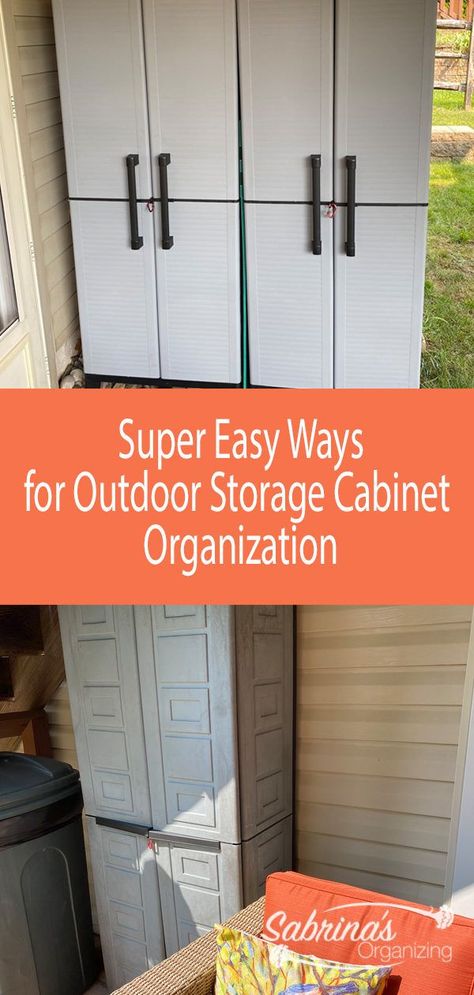 Back Porch Organization Ideas, Plastic Shed Organization, Storage Cabinet Organization, Small Garage Organization, Tool Shed Organizing, Outdoor Storage Ideas, Rubbermaid Shed, Rubbermaid Storage, Downsizing Tips