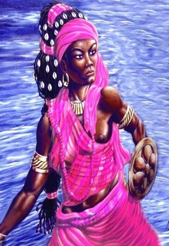 Ọba’s themes are protection, manifestation, movement, energy, restoration and flexibility. Her symbols is water.  Ọba, is the Nigerian and Santarian Goddess of rivers, which figuratively represents the flow of time and life. Turn to Her for assistance in learning how to ‘go with the flow’, or when you need to inspire some movement in sluggish projects or goals. Oya Orisha, Oya Goddess, Maat Goddess, Yoruba Deities, Goddess Pose, Yoruba Orishas, Orishas Yoruba, African Mythology, Goddess Symbols