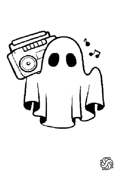 Ghost Listening To Music, Ghost Art Drawing, Cute Ghost Sketch, Iphone Esthetics, Ghosts Series, Easy Halloween Drawings, Music Doodle, Cool Easy Drawings, Ghost Drawing