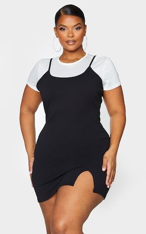 Plus Black 2 In 1 Strappy Split Front Shift Dress | PrettyLittleThing USA Plus Size Strappy Dress, Black Dress White Top Underneath, Dress With T Shirt Underneath, Strappy Dress With Shirt Underneath, Black Dress With White Shirt Underneath, Dress With Top Underneath, Plus Size Baddie Outfits Going Out, Dress Outfits Plus Size, Plus Size Outfits Black Women