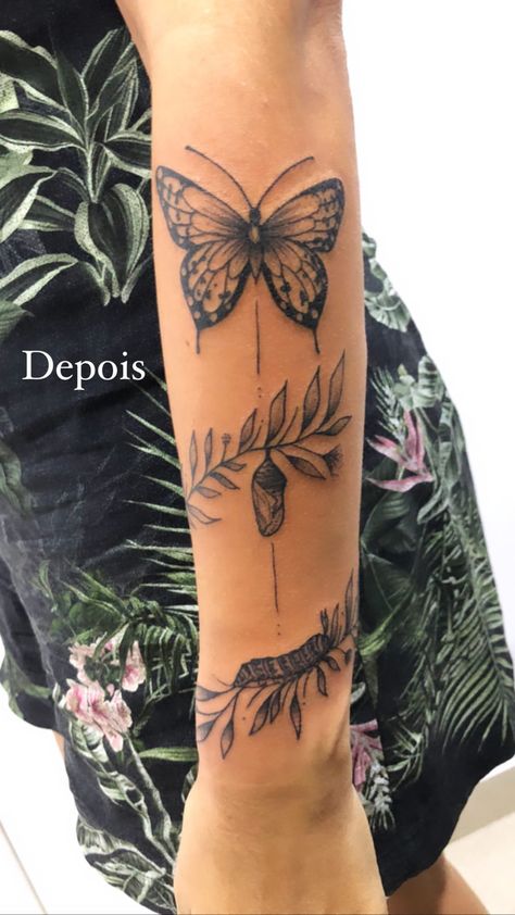 Butterfly Transformation Tattoo Ideas, Butterfly Transition Tattoo, Butterfly Circle Of Life Tattoo, Moth Cocoon Tattoo, Stages Of Butterfly Tattoo, Butterfly Tattoo Metamorphosis, Butterfly Nature Tattoo, Moth Metamorphosis Tattoo, Life Cycle Of A Butterfly Tattoo