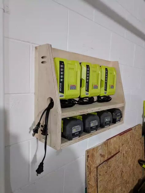 Picked up some free 7ply at Home Depot - Imgur Diy Ryobi Charging Station, Ryobi Battery Charging Station, French Cleat Battery Charger, Garage Charging Station, Power Tool Battery Charging Station, Ryobi Battery Storage, Tool Charging Station Diy, Tool Battery Charging Station, Power Tool Charging Station