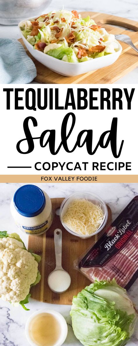 This is the copycat recipe for the popular Tequilaberry Salad from Tequilaberry's in Coon Rapids, MN. The Tequilaberry salad is an incredibly creamy salad brimming with lettuce, cauliflower, Parmesan cheese, and crisp bits of bacon. Yes, that's correct, there is no tequila in Tequilaberry salad. But it is wonderfully sweet, smoky, and has just a touch of tanginess. One bite and you will see why it was so popular. Tequila Berry Salad Recipe, Tequila Berry Salad, Junkyard Salad Recipe, Tequilaberry Salad, Tequilaberry Salad Recipe, Berry Salad Dressing, Salad Bar Ideas, Berry Salad Recipe, Salad Copycat