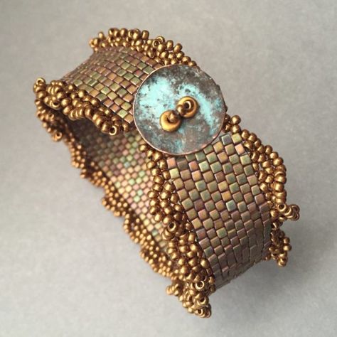 Spotlight: Beth Stone, Bead Jewelry Artist | Create Whimsy Beaded Cuff Bracelet Tutorial, Seed Bead Designs, Cup And Saucer Crafts, Bead Embroidered Bracelet, Seed Bead Projects, Embroidered Bracelet, How To Weave, Stone Bead Jewelry, Crochet Beaded Bracelets