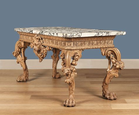 A George II Carved Side table Attributed to William Linnell the Design Possibly by John Linnell Wood Carving Table, Carved Side Table, John Linnell, Baroque Interior Design, Gilded Furniture, Wood Carving Furniture, Georgian Furniture, Wood Table Design, Intarsia Woodworking