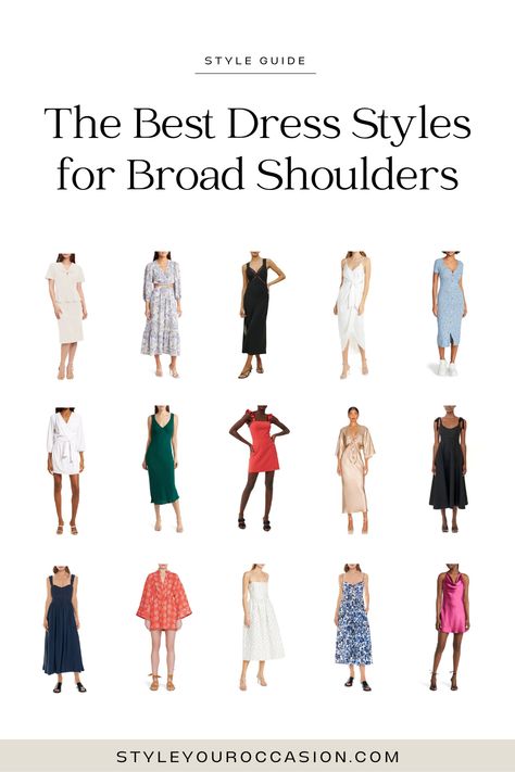 How To Dress For Broad Shoulders Women, Styling Tips For Broad Shoulders, Fashion For Wide Shoulders, Outfit Ideas For Broad Shoulders For Women, Dressing Wide Shoulders, Clothing For Women With Broad Shoulders, Wide Shoulder Dress, Dresses For Broad Shoulder, Styling Wide Shoulders