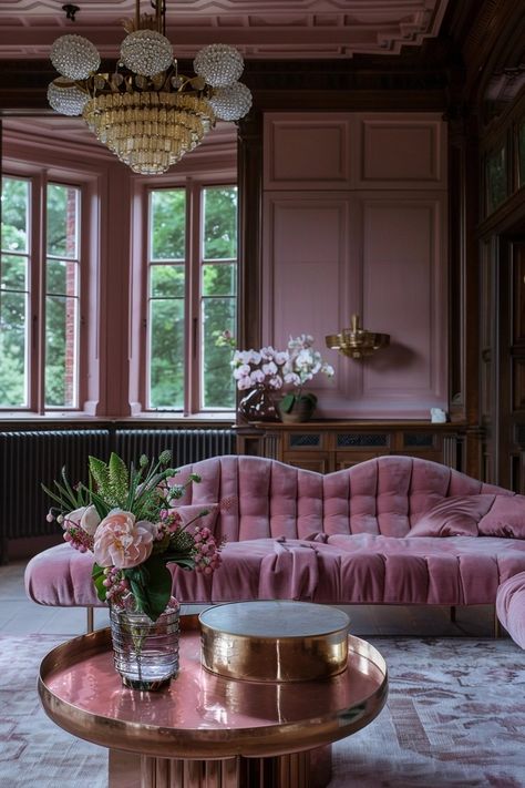 Embracing Pink in Masculine Spaces: A Bold Statement of Equality and Elegance — Living Bright Interiors Vintage Apartment Decor, Masculine Aesthetic, Pink Accent Walls, Purple Couch, Pink Rooms, Masculine Interior, Vintage Apartment, Pink Furniture, Maximalist Design