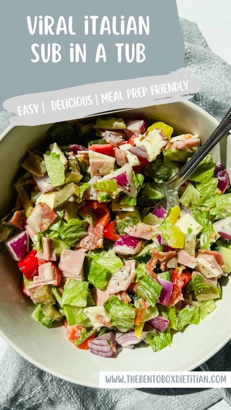 Sub In A Tub Salad Keto, Sub In A Tub Salad Meal Prep, Sub In A Tub Meal Prep, Chopper Recipes, Subs In A Tub, Sub Tub Salad, Italian Sub In A Tub Recipe, Chopped Sub In A Tub, Healthy Italian Sub In A Tub