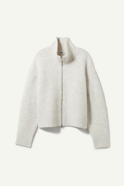 Snug Zip Cardigan - Off-white - Weekday GB White Knitwear, Textured Knit Cardigan, Swedish Street Style, Jersey Cardigan, White Sweater Cardigan, Rib Knit Cardigan, Fitted Cardigan, Belted Cardigan, Zip Cardigan