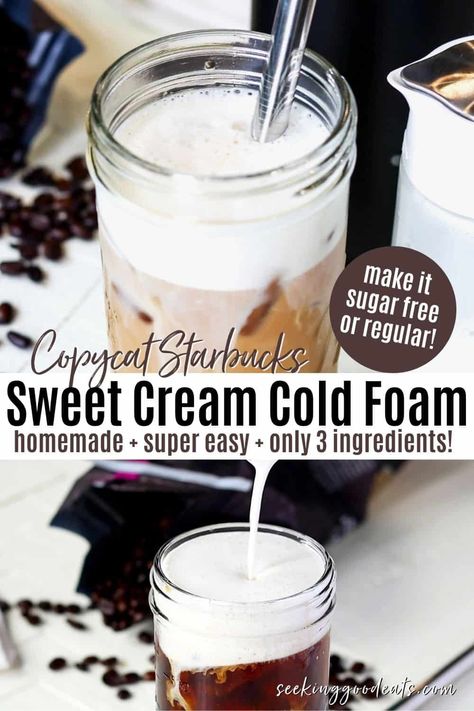 Recipe With Half And Half, Sweet Cream Cold Foam Recipe, Cream Cold Foam Recipe, Sugar Free Iced Coffee, Starbucks Sweet Cream, Vanilla Cold Foam, Cold Foam Recipe, Vanilla Sweet Cream Cold Foam, Foam Recipe