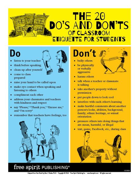 Free classroom poster! Cultivate a peaceful learning environment with the 20 Do's and Don'ts of Classroom Etiquette for Students. Click to download and print. Do And Dont Poster, School Etiquette, Classroom Etiquette, Clever Classroom Ideas, Manners Activities, Preschool Friendship, Classroom Posters Free, Etiquette Classes, Social Etiquette