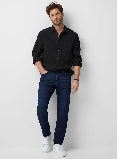 Embrace 2024 Spring with Trendy Men's Jeans Outfits Dressing Up Jeans For Men, Mens Indigo Jeans Outfit, Jeans Pant Outfit, Modest Men Outfit, Jeans With Shirt Men, Blue Jeans Black Top Outfit Men, Shirt And Jeans Outfit For Men, All Blue Outfit Men, Man Jeans Outfit