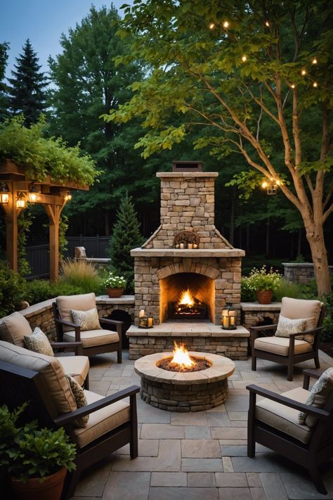 Stone Patio Fireplace, Low Profile Outdoor Fireplace, Outside Chimney Ideas Fireplaces, Tiled Outdoor Fireplace, Backyard Fireplace Ideas Lounge Areas, Outside Fireplace Patio, Backyard Landscaping Fire Pit, Outdoor Chimney Fireplace, Outdoor Patio With Fireplace