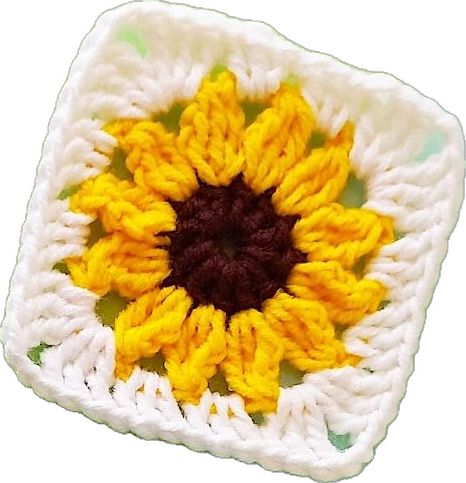 Sunflower Crochet Square Free Pattern, Sunflower Granny Squares Crochet, Sunflower Blanket Crochet Pattern Free, Granny Square Crochet Pattern Sunflower, Free Crochet Sunflower Granny Square Pattern, Sunflower Hexagon Crochet Pattern, Sunflower Crochet Granny Square, Sunflower Coasters Crochet Free Pattern, Sunflower Granny Square Pattern Free