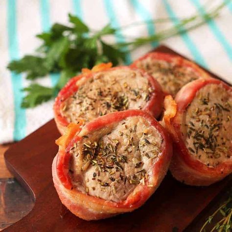 Air Fryer Pork Tenderloin Medallions Wrapped in Bacon - Simply Happenings Air Fryer Filet, Air Fryer Pork Loin, Pork Filet, Tender Pork Tenderloin, Air Fryer Pork Tenderloin, Air Fryer Meat, Bacon Wrapped Pork Loin, Bacon Wrapped Pork Chops, Air Fryer Recipes Pork