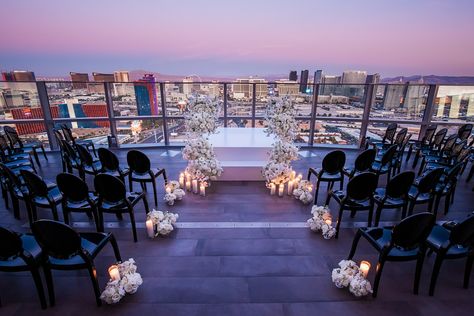 Roof Top Wedding Decor, Rooftop Wedding Ideas, Rooftop Wedding Ceremony Decor, Roof Top Wedding Ceremony, Adam Frazier, Rooftop Wedding Reception, Vegas Wedding Venues, Evening Wedding Ceremony, Palms Las Vegas