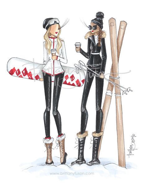 Apres ski | winter style | fashion illustration | Brittany Fuson Brittany Fuson, Fitness Video, Skis, Cartoon Pics, Girly Art, Fashion Sketches, Winter Style, Fashion Drawing, Well Dressed