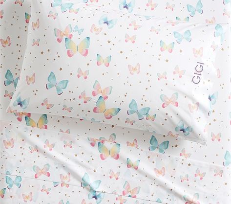 Organic Gigi Butterfly Kids' Sheet Set | Pottery Barn Kids Barn Bedroom, Kids Bed Sheets, Butterfly Sheets, Butterfly Kids, Mattress Pads, Girl Beds, Kids' Bed, Pottery Barn Teen, Nursery Bedding