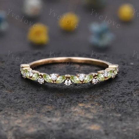 Peridot And Diamond Rings, Peridot Wedding Band, Green Wedding Band, Peridot Wedding Ring, Olive Green Weddings, Wedding Band Vintage, Ring Matching, Stacking Bands, Vintage Wedding Band