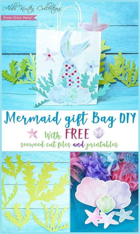 Mermaid gift bag DIY with FREE seaweed cut file and sea shell printables - By Press Print Party! and Abbi Kirsten Collections.  Mermaid party, under the sea party, party ideas, Mermaid printables, free printables, free svg, free cut file, under the sea ideas, sea shells, starfish. Diy Mermaid Party, Gift Bag Diy, Mermaid Party Favors Bags, Mermaid Printables, Diy Mermaid, Mermaid Party Favors, Gift Bags Diy, Mermaid Diy, Mermaid Parties