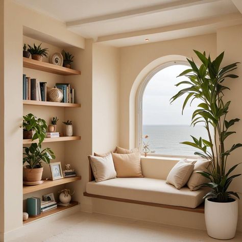 #windowseat #cozyhome #interiordesign #homedecor #windownook #spaceideas #interiorinspiration #homeideas #smallspaces #decoratingtips Recessed Seating Interior, Small Window Nook, Window Nook Ideas Living Room, Library Corner Living Room, Window Seat Library, Library Nook Ideas, Picture Windows Living Room, Plant Nook, Home Interior Catalog