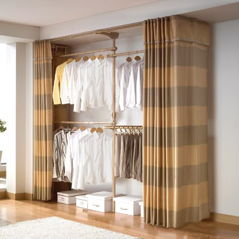 Wardrobe Curtain Doors, Closet Doors Curtains, Replacing Closet Doors, Closet Door Alternative, Curtain Wardrobe, Curtains For Closet Doors, Ideas Armario, Wardrobes Bedroom, Bedroom Closet Doors