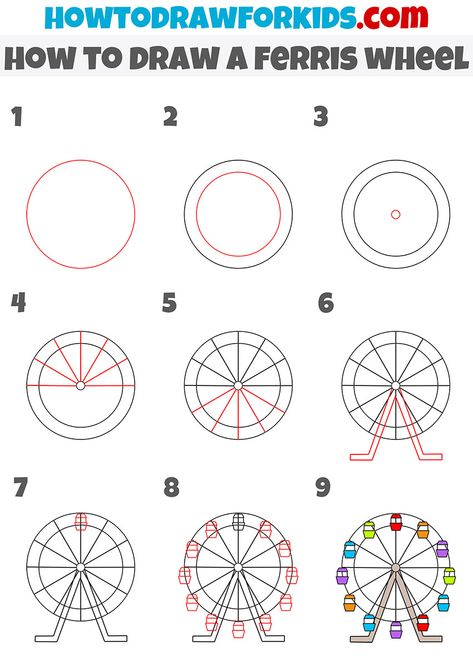 how to draw a ferris wheel step by step Easy Ferris Wheel Painting, How To Draw Ferris Wheel, Simple Ferris Wheel Drawing, Gaint Wheel Drawing, Faris Wheel Drawing, Ferris Wheel Bulletin Board, Ferris Wheel Drawing Easy, Carnival Drawing Easy, Fair Drawings Easy