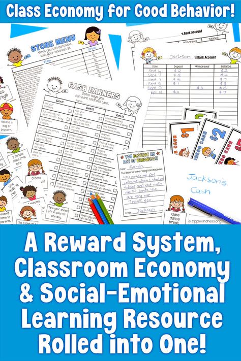 Images of printables for a classroom economy with a difference. Kindness Cash teaches students to give as they learn about money and banking. The text reads: Class Economy for Good Behavior! A Reward System, Classroom Economy & Social-Emotional Resource Rolled into One! Behavior Management In The Classroom, Classroom Kindness, Class Economy, Classroom Reward System, Classroom Economy, Positive Actions, Good Behavior, Classroom Rewards, Play Money