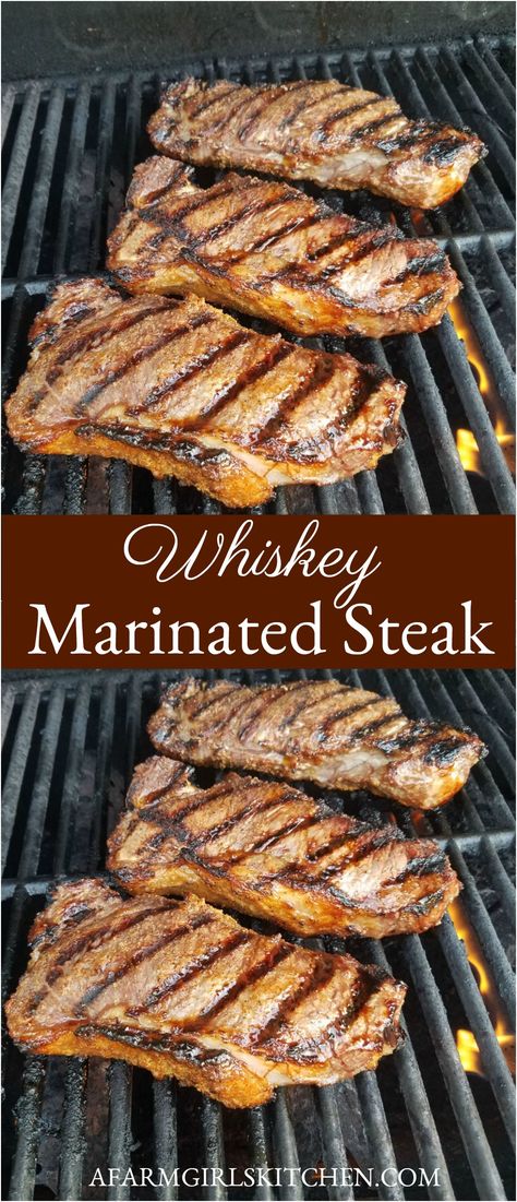 Whiskey Marinated Steak is the best marinade for steak. The flavor is incredible and caramelizes when it’s grilled. This steak marinade is the best marinade for t-bones or New York strip steak and topped with a roasted garlic blue cheese butter.  #steakmarinade #marinade #grilledsteak #steak #grillingrecipes #summer #easyrecipe #whiskeymarinade Best Marinade For Steak, Whiskey Marinade, Marinade For Steak, Steak Marinade For Grilling, Easy Steak Marinade Recipes, Steak Marinades, Best Marinade, Best Steak Marinade, Steak Marinade Easy