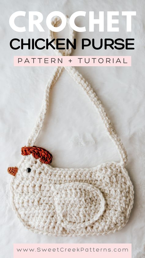 Crochet Chicken Purse- FREE Pattern - Sweet Creek Patterns Small Crochet Purse, Chicken Purse, Chicken Bag, Crochet Pattern Tutorial, Beginner Friendly Crochet, Purse Crochet, Crochet Chicken, Purse Pattern, Small Crochet