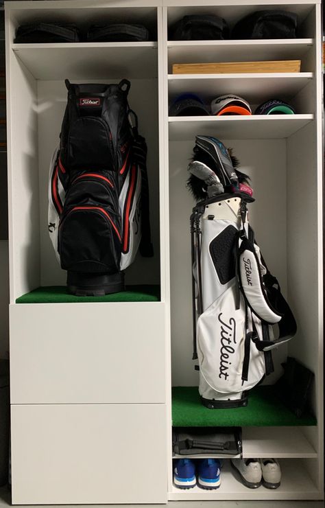 This is the golf locker I created using Ikea furniture. Golf Closet Organization, Golf Bag Storage Diy, Golf Storage Ideas, Golf Closet, Golf Diy Projects, Shoe Storage Room, Golf Club Storage, Golf Organizer, Golf Equipment Storage