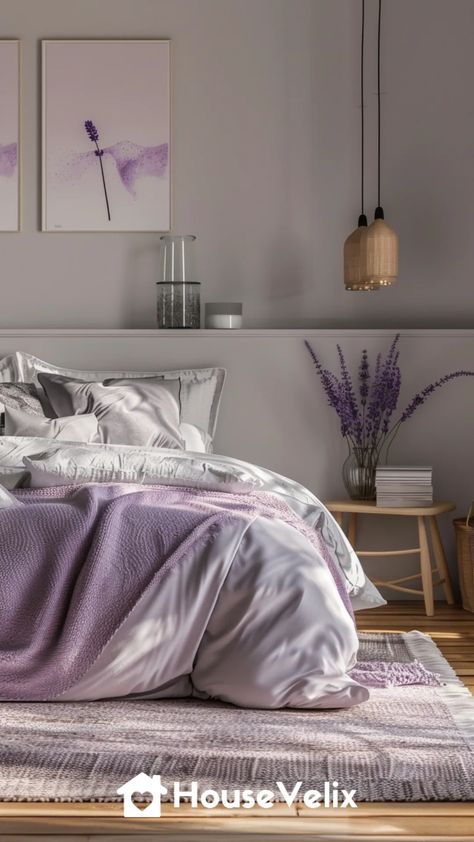 Grey and Lavender Serenity Lavender Interior Bedroom, Lavender Haze Bedroom Ideas, Purple Grey Bedroom, Lilac Bedroom Ideas, Bedroom Lavender, Colour Bedroom, Grey Bedrooms, Cube Project, Lilac Bedroom