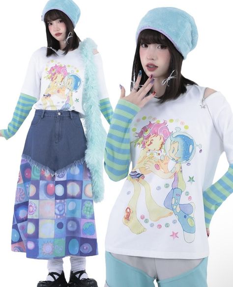 Japanese Colorful Fashion, P Pop Outfit, Decora Fashion Outfits Rainbow, Summercore Outfits, Fits Colorful, Colorful Y2k Outfits, Igari Fashion, Fairy Kei Outfit, Rainbowcore Fashion