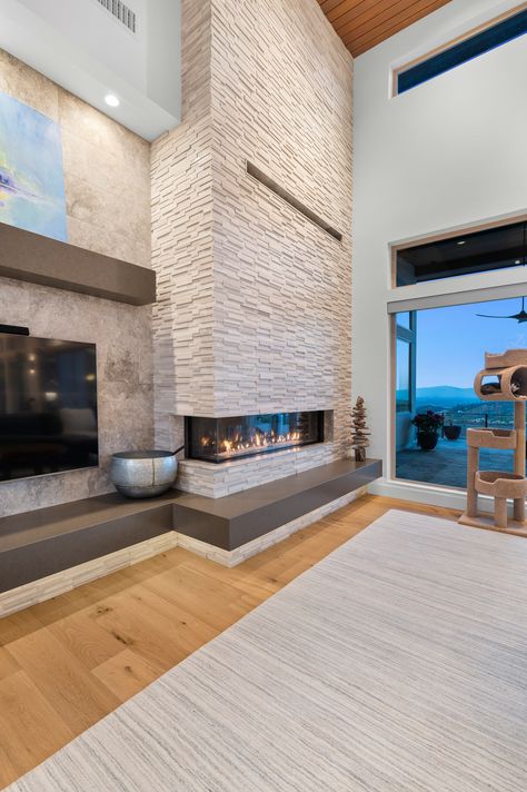 White Oak 3D stacked stone fireplace wall Quartz floating hearth & mantel Linear Fireplace With Hearth And Mantle, 3 Sided Linear Fireplace Ideas, 3d Fireplace Wall, Linear Electric Fireplace Ideas, Quartz Fireplace Wall, White Stacked Stone Fireplace, Modern Fireplace Tv Wall, Floating Hearth, Horizontal Fireplace