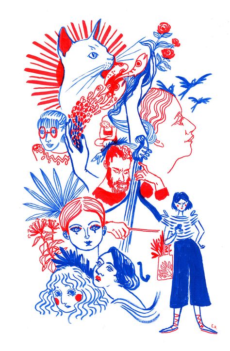 Red and blue illustrations by Eloïse Heinzer Blue Drawing Ideas, Risograph Illustration, Blue Drawings, Posca Art, Doodle Illustration, Red Art, Ink On Paper, Blue Art, 그림 그리기