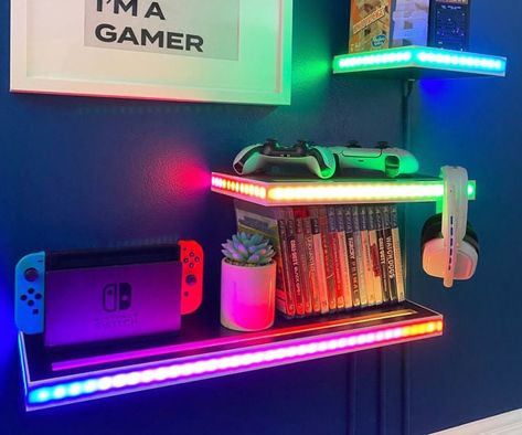 Gaming Room Shelves, Gothic Gaming Room, Small Gamer Room, Gaming Shelves, Led Floating Shelves, Small Gamer Bedroom, Small Game Room Design, Gaming Room Wall Decor, Gaming Shelf