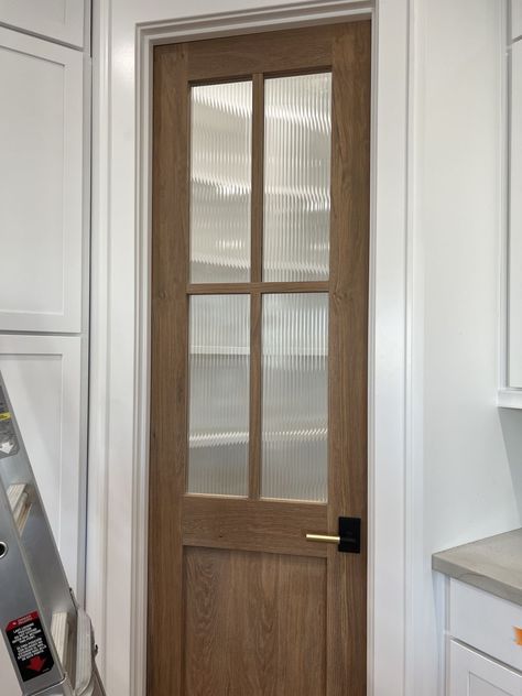 Kitchen To Laundry Room Door, Pantry Door Gold Hardware, Pantry Door Mid Century, Double Doors Into Bathroom, Panty Doors Kitchens, French Back Door, Clear Glass Pantry Door, Laundry Room Pocket Door Ideas, Replace Pantry Door