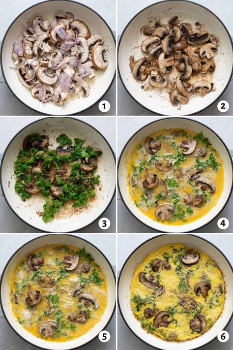 Mushroom Frittata With Kale - FeelGoodFoodie Eggs Mushrooms Breakfast, Kale And Mushroom Recipes, Mushroom Omelette Recipe, Mushroom Eggs, Bacon Omelette, Fritata Recipe, Eggs Mushrooms, Healthy Omelette, Bacon Kale