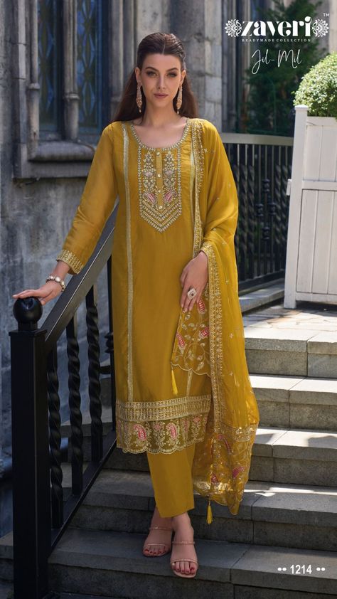 Top - Soft organza embroidery work Dupatta - Soft organza with embroidery Bottom - Heavy silk Sizes: L-2XL (40-44) Brand: Zaveri Jil Mil Launch Date: Sep 25, 2023 Approx Ship Time (Post Launch Date); 2-3 Days Lace Design On Suits, Organza Suit, Celana Fashion, Organza Suits, Readymade Salwar Kameez, Straight Suit, Lehenga Gown, Golden Lace, Formal Parties