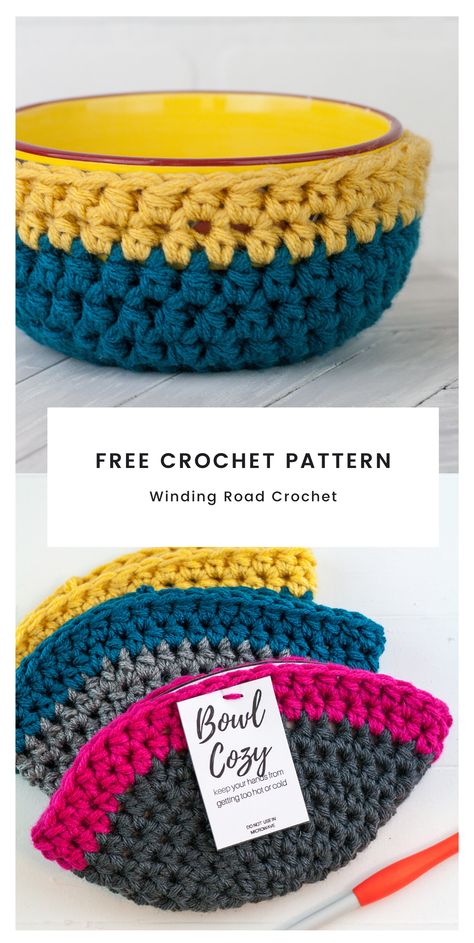 Crochet Bowl Cozy, Winding Road Crochet, Crochet Potholder Patterns, Crochet Bowl, Crochet Hot Pads, Cozy Crochet Patterns, Crochet Cozy, Bowl Cozy, Crochet Clothes For Women