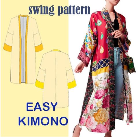 This trendy and simple jacket is a basic sewing pattern that is easy to create and is perfect for beginners or experienced sewers! The pattern is available in sizes XS-S, M-L, XL-XXL All models already include seam allowance* Purchase includes: print A4 size Print in A0 format It is recommended to use lightweight fabrics, such as cotton, viscose, shiny crepe, satin, silk, non-stretch fabrics. This kimono is not lined and is open without closure. For all sizes you will need 2.5 yards or 2.5 yards of fabric. As for the back, it is made up of two pieces. But if you want to make it one piece, you cut the seam size from the middle and combine the two pieces, . If you're looking for a beginner-friendly project that takes 30 minutes to complete, this one is perfect for you! I hope you enjoy! you Luxury Velvet Sharara With Traditional Drape, Fleece Kimono Pattern, Kimono With Pockets Pattern, One Piece Lightweight Shawl Pattern Sewing, Plus Size Boho Sewing Patterns Free, Free Boho Sewing Patterns For Women, Kimono Dressing Gown Pattern Free, Kimono Jacket Free Pattern, Childrens Kimono Pattern