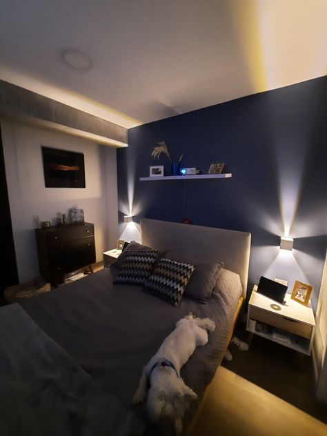 Grey white and blue, to maximize space we use a projector instead of a tv and some mounted night lamps Projector Over Bed, Projector Above Bed, Tv Projector Bedroom, Bedroom With Projector, Projector In Bedroom Setup, Bedroom Projector Setup, Bedroom Projector, Projector In Bedroom, Teenager Bedroom Boy