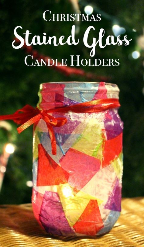 Decoupage Candle Holder, Decoupage Candles, Tissue Paper Craft, Crafts With Glass Jars, Stained Glass Candle Holders, Stained Glass Candles, Recycled Crafts Kids, Tissue Paper Crafts, Mason Jar Lanterns