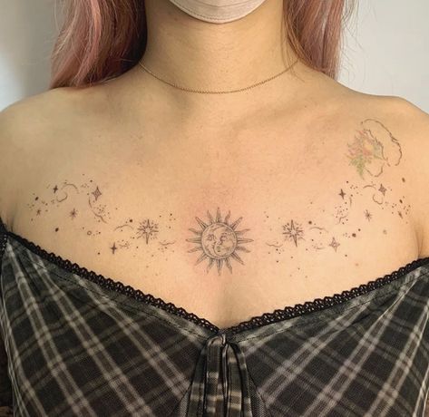 Chest Tattoo Stars, Body Doodles, See Tattoo, Small Chest Tattoos, Special Tattoos, Sun Tattoos, Collar Bone Tattoo, Dope Tattoos, Little Tattoos