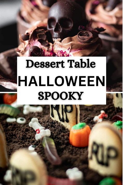 Looking for the BEST easy Halloween dessert table ideas for your kids' Halloween fest? Try these recipes which range from halloween desserts cupcake to easy cookies. halloween party treats / dessert halloween / halloween food treats Halloween Sweets Table, Desserts For Halloween Party, Halloween Desserts For Adults, Halloween Dessert Table Ideas, Halloween Dessert Cupcakes, Halloween Sweet Table, Dessert Table Recipes, Halloween Treat Table, Halloween Desserts For Parties