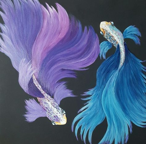 Painted by Noeletta Cardenas, acrylic on 12x12 stretched canvas. #theartsherpa design Dualing Betta Fis Dual Canvas Paintings, Dual Canvas Painting Ideas, Painting Fish Acrylic, Abstract Art Projects, Art Sherpa, The Art Sherpa, Soft Pastel Art, Paint Night, Canvas Painting Designs